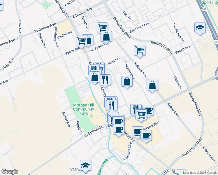 map of restaurants, bars, coffee shops, grocery stores, and more near 40 Barrett Avenue in Morgan Hill