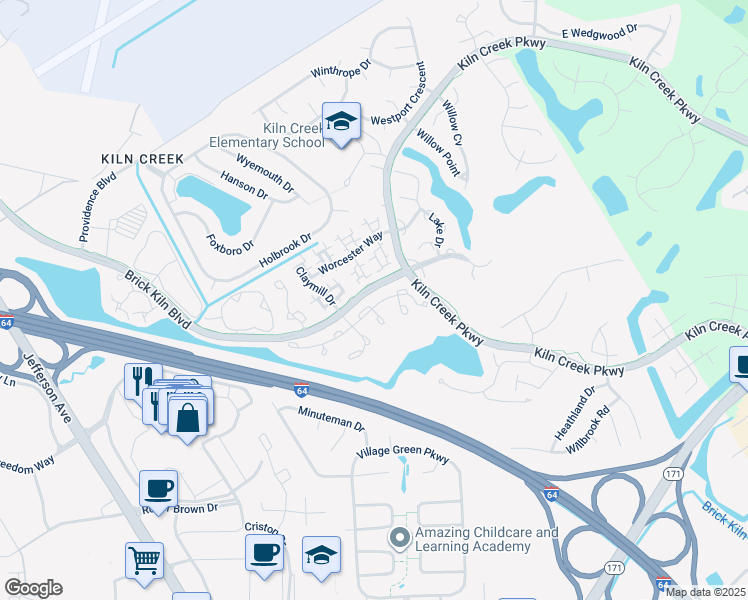 map of restaurants, bars, coffee shops, grocery stores, and more near 837 Lancaster Lane in Newport News