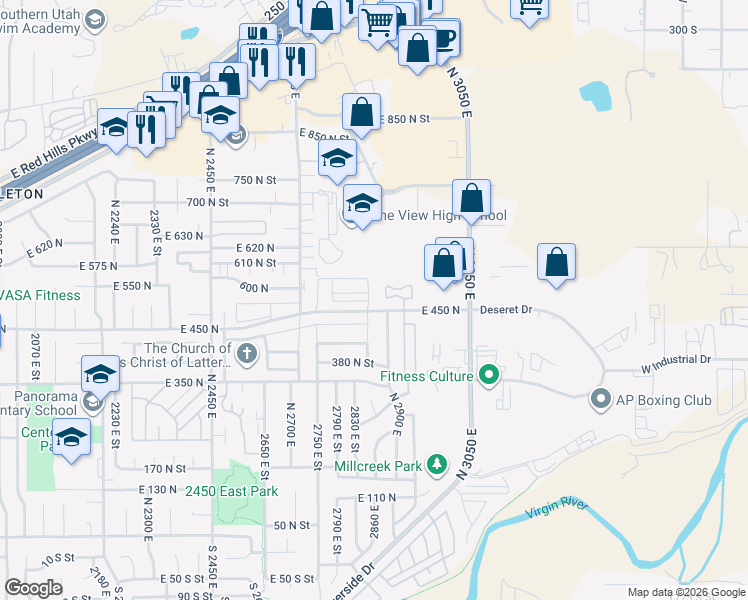 map of restaurants, bars, coffee shops, grocery stores, and more near 2801 East 450 North in St. George