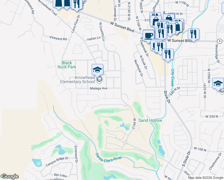 map of restaurants, bars, coffee shops, grocery stores, and more near 2263 Malaga Avenue in Santa Clara