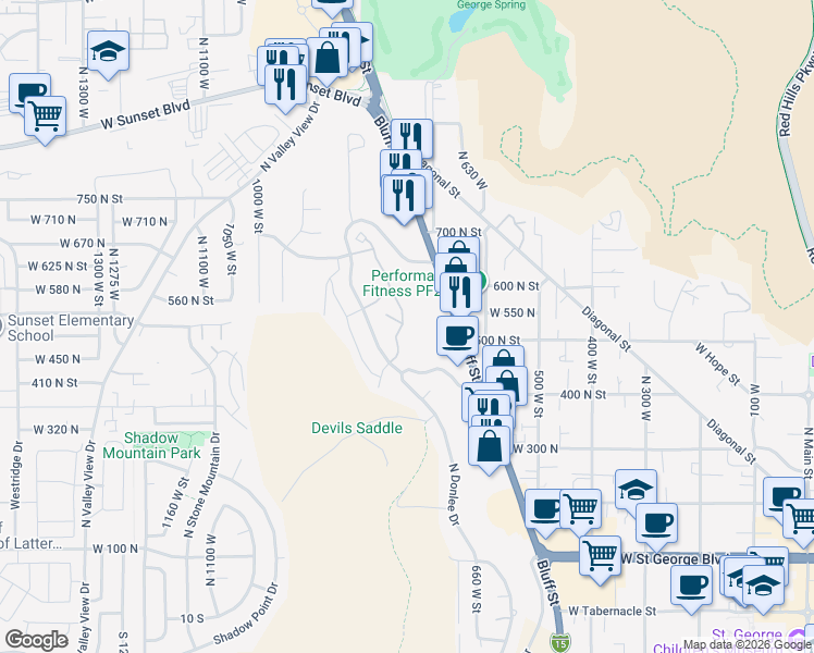 map of restaurants, bars, coffee shops, grocery stores, and more near 770 Sunrise Court in St. George