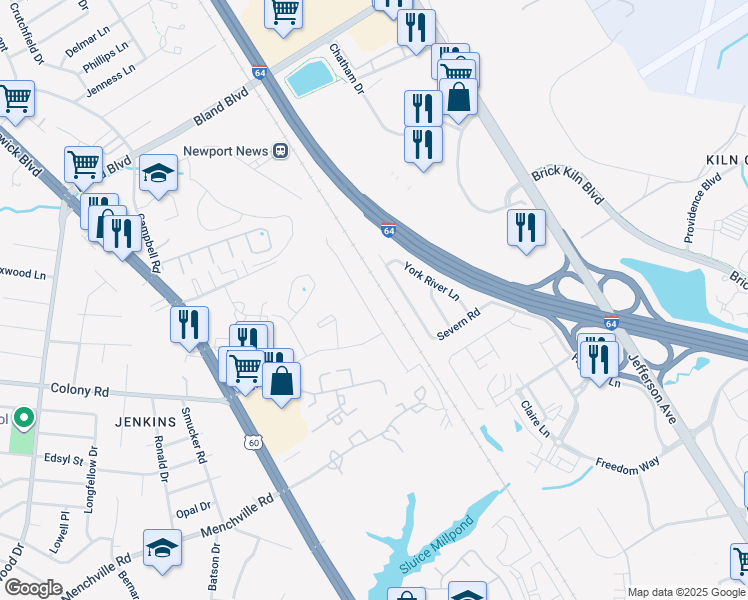 map of restaurants, bars, coffee shops, grocery stores, and more near 13350 Warwick Springs Drive in Newport News