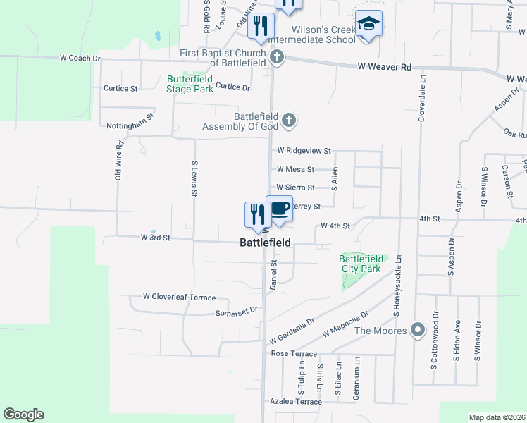 map of restaurants, bars, coffee shops, grocery stores, and more near 5377 West Bypass in Battlefield