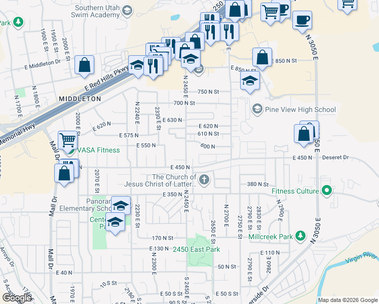map of restaurants, bars, coffee shops, grocery stores, and more near 595 North 2450 East in St. George