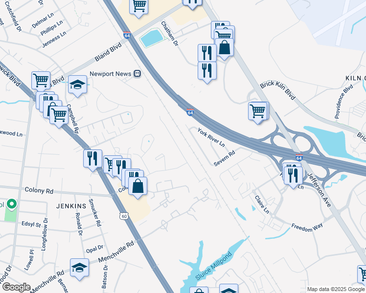 map of restaurants, bars, coffee shops, grocery stores, and more near 13350 Warwick Springs Drive in Newport News