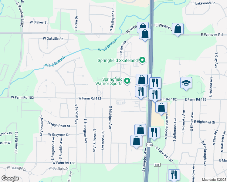 map of restaurants, bars, coffee shops, grocery stores, and more near 641 West Farm Road 182 in Springfield