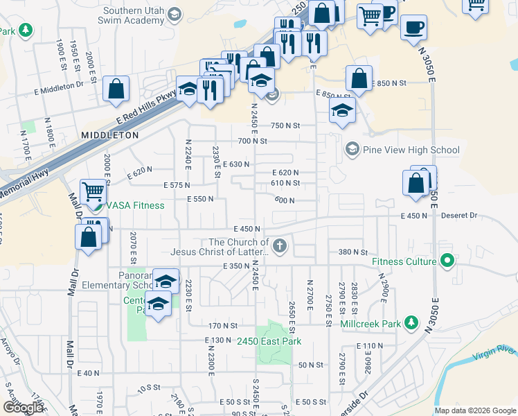 map of restaurants, bars, coffee shops, grocery stores, and more near 595 North 2450 East in St. George