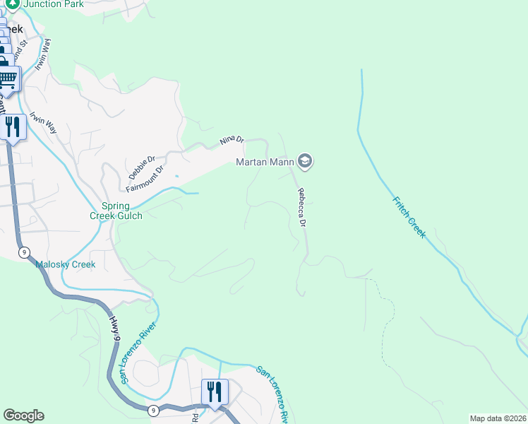 map of restaurants, bars, coffee shops, grocery stores, and more near 850 Elsie Mae Drive in Boulder Creek