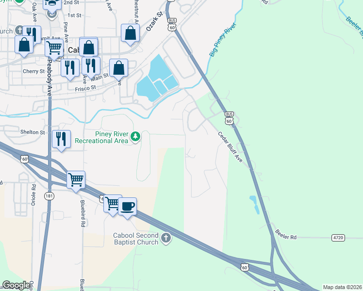 map of restaurants, bars, coffee shops, grocery stores, and more near 2001 Dys Drive in Cabool