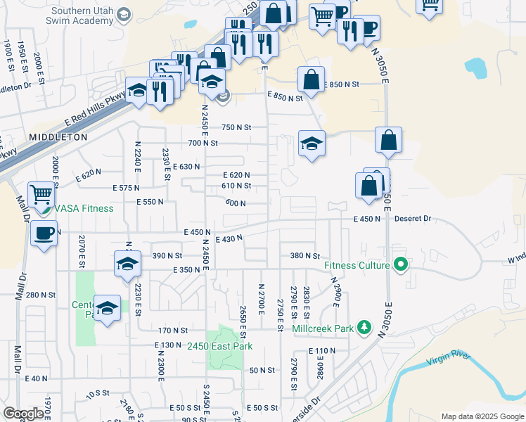 map of restaurants, bars, coffee shops, grocery stores, and more near 600 North 2450 East in St. George
