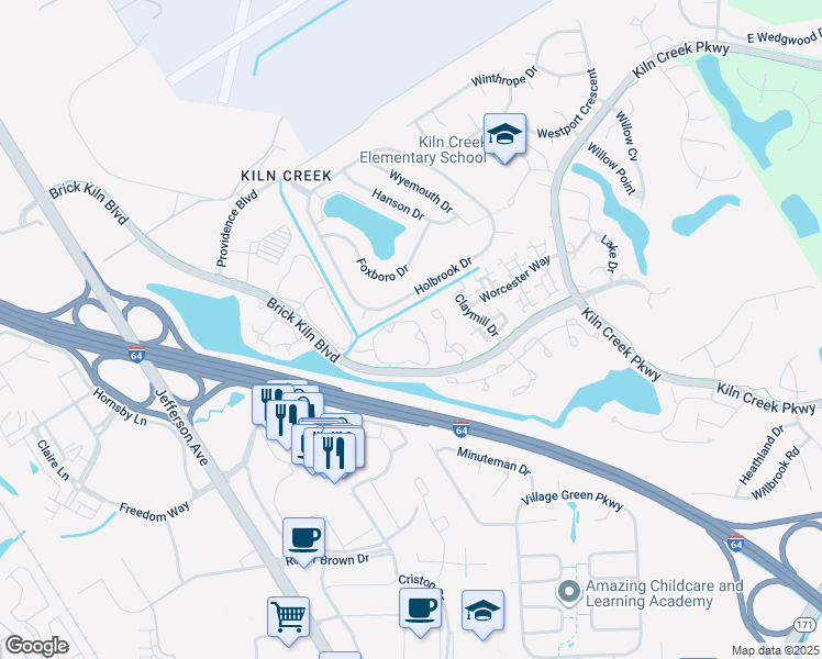 map of restaurants, bars, coffee shops, grocery stores, and more near 732 Windbrook Circle in Newport News