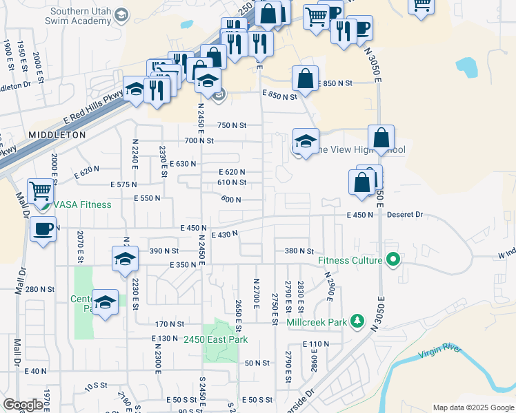 map of restaurants, bars, coffee shops, grocery stores, and more near 1001 600 North in St. George