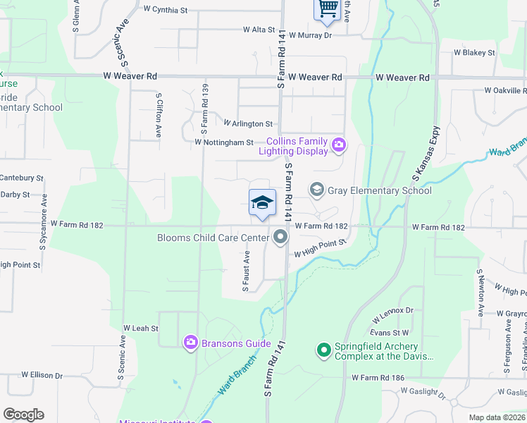 map of restaurants, bars, coffee shops, grocery stores, and more near 2219 West Farm Road 182 in Springfield