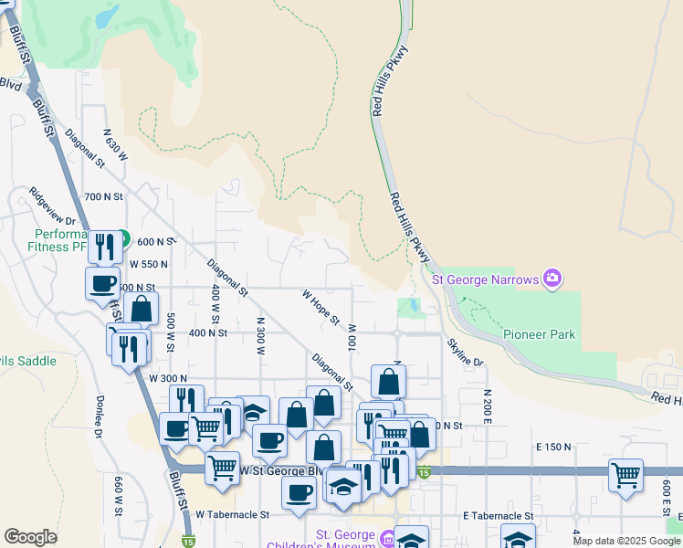 map of restaurants, bars, coffee shops, grocery stores, and more near 546 North 160 West Circle in St. George