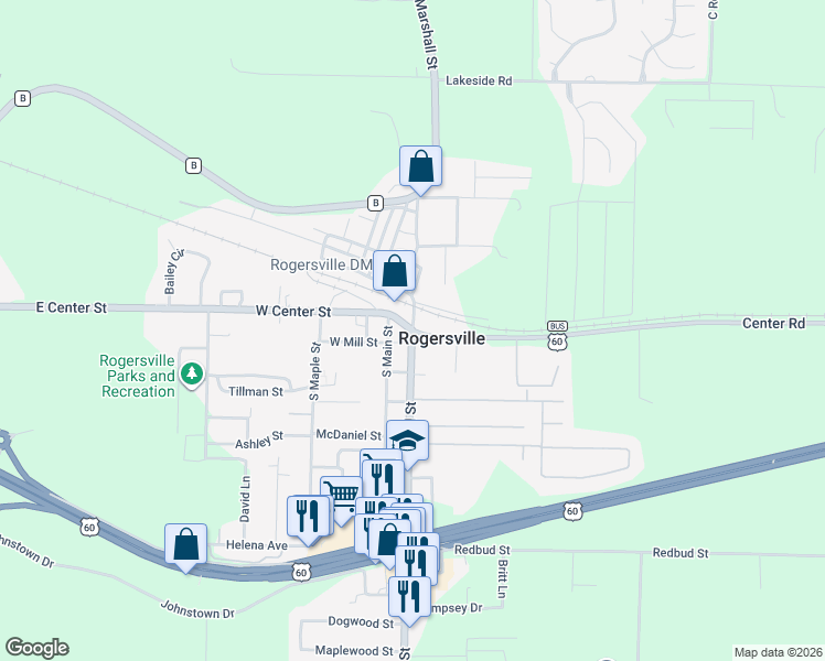 map of restaurants, bars, coffee shops, grocery stores, and more near S Mill St & W Center St in Rogersville