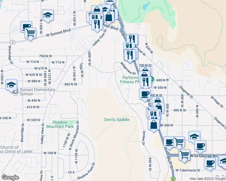 map of restaurants, bars, coffee shops, grocery stores, and more near 531 Northridge Avenue in St. George