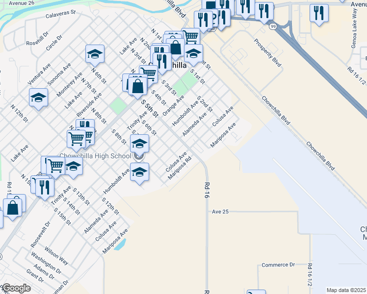 map of restaurants, bars, coffee shops, grocery stores, and more near 511 Alameda Avenue in Chowchilla