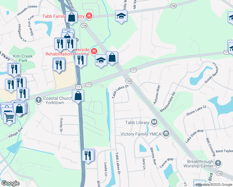 map of restaurants, bars, coffee shops, grocery stores, and more near 301 Tabb Lakes Drive in Yorktown