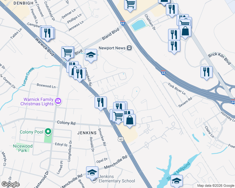 map of restaurants, bars, coffee shops, grocery stores, and more near 413 Savage Drive in Newport News