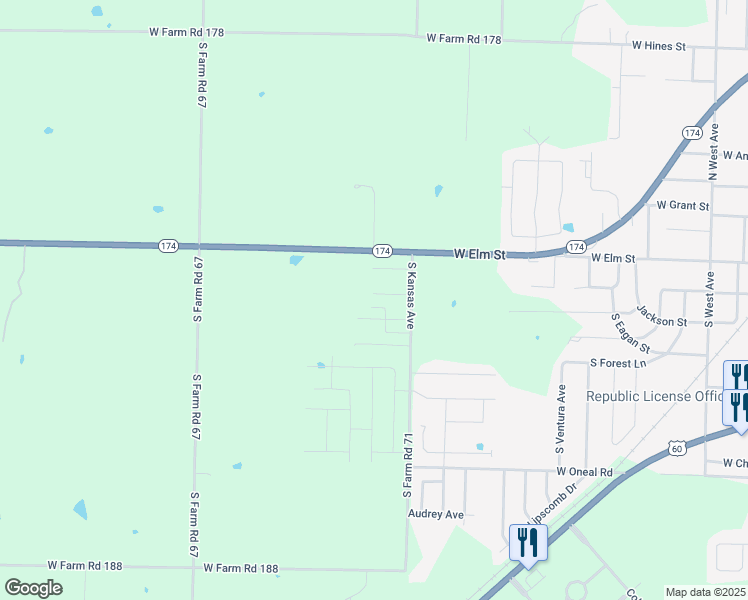 map of restaurants, bars, coffee shops, grocery stores, and more near 1036 West Woodland Street in Republic
