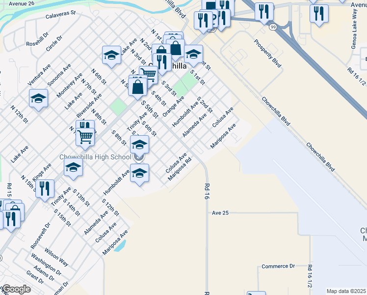 map of restaurants, bars, coffee shops, grocery stores, and more near 511 Alameda Avenue in Chowchilla