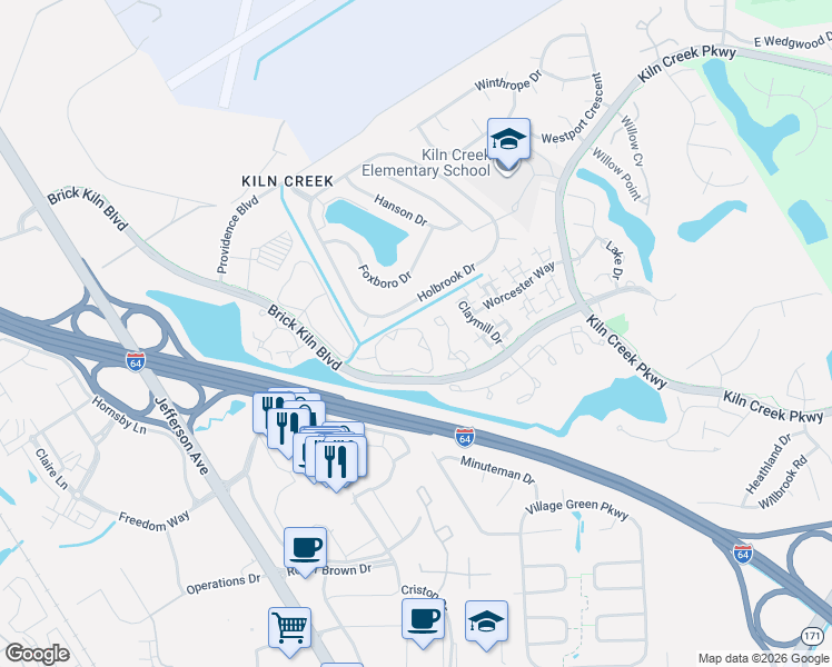 map of restaurants, bars, coffee shops, grocery stores, and more near 703 Windbrook Circle in Newport News