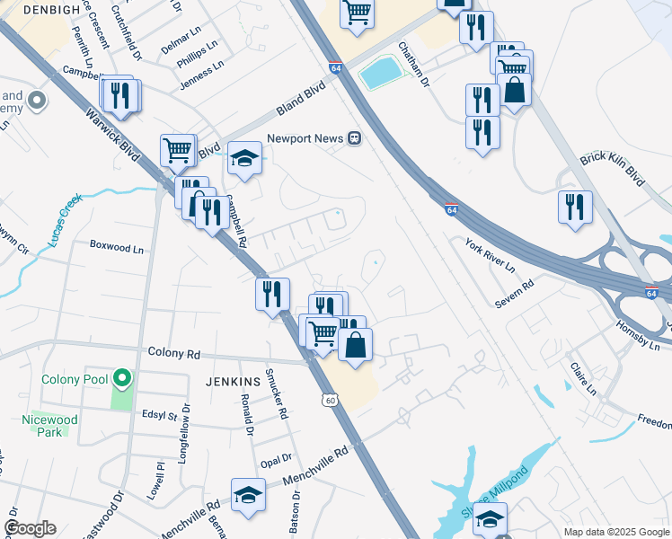 map of restaurants, bars, coffee shops, grocery stores, and more near 407 Savage Drive in Newport News