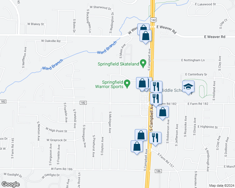 map of restaurants, bars, coffee shops, grocery stores, and more near 641 West Farm Road 182 in Springfield