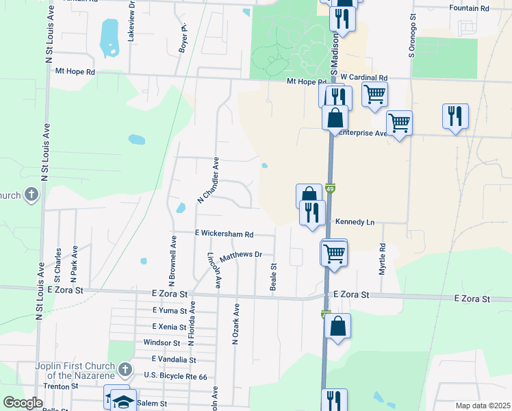 map of restaurants, bars, coffee shops, grocery stores, and more near 3109 North Miller Avenue in Joplin