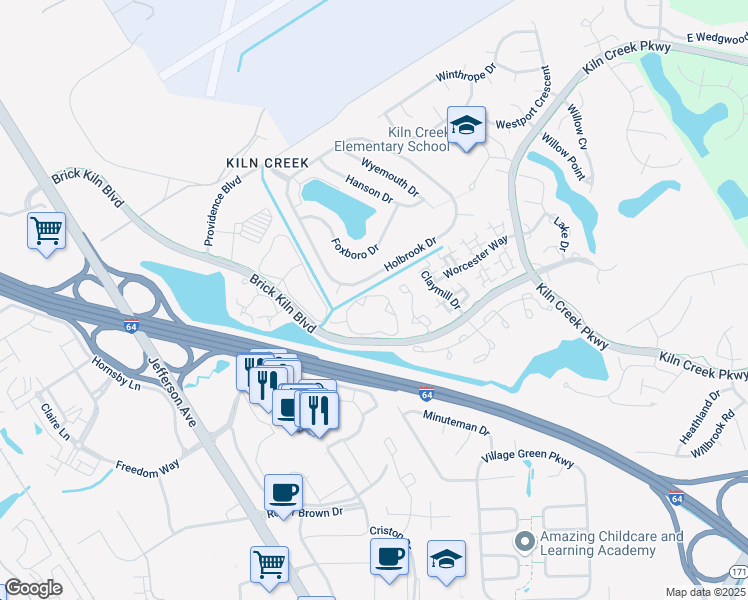 map of restaurants, bars, coffee shops, grocery stores, and more near 692 Windbrook Circle in Newport News