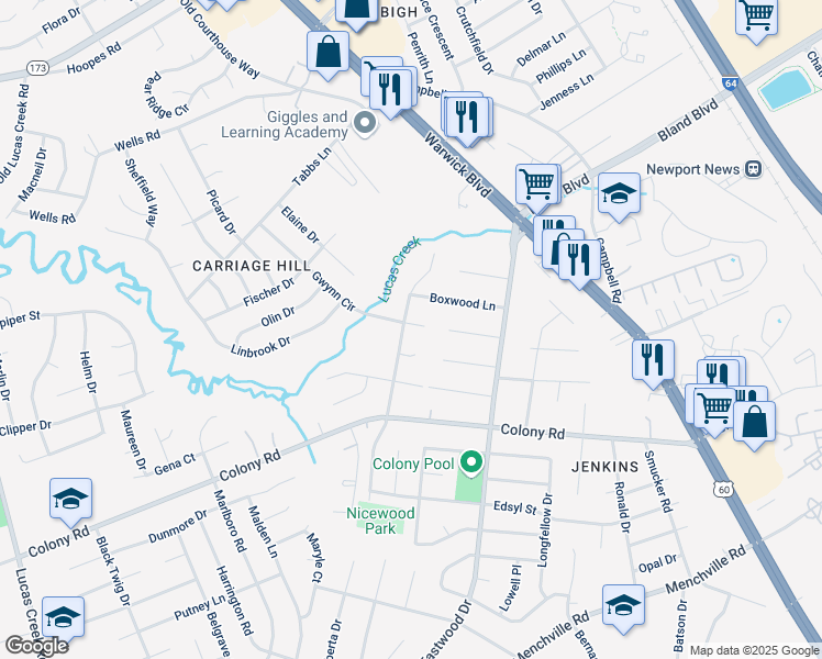 map of restaurants, bars, coffee shops, grocery stores, and more near 6 Gwynn Circle in Newport News