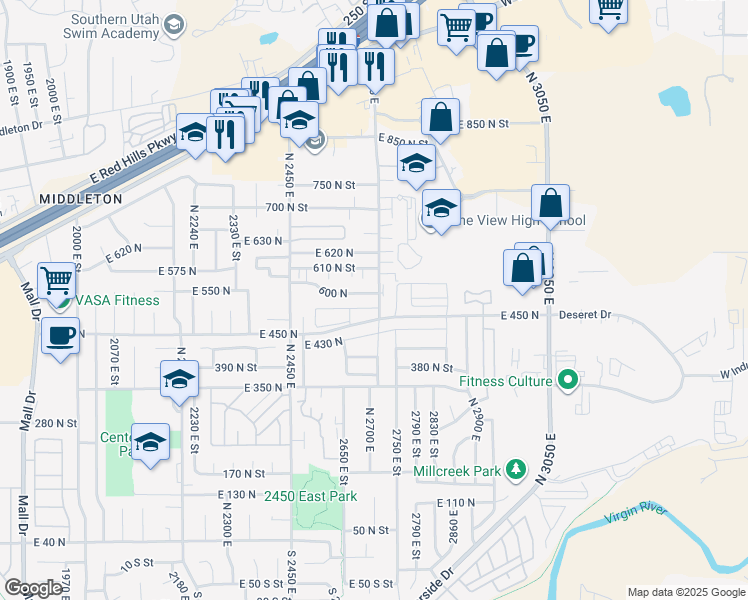 map of restaurants, bars, coffee shops, grocery stores, and more near 600 North 2450 East in St. George