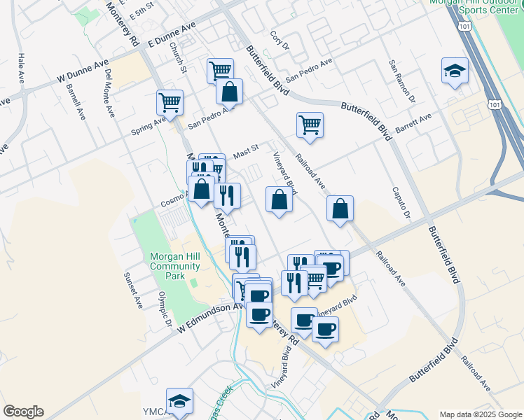 map of restaurants, bars, coffee shops, grocery stores, and more near 16260 Church St in Morgan Hill