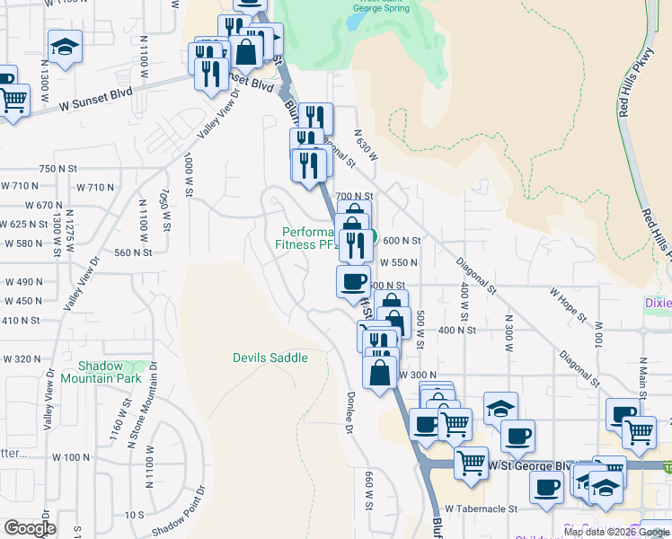map of restaurants, bars, coffee shops, grocery stores, and more near 3406 Desert Hills Drive in Saint George