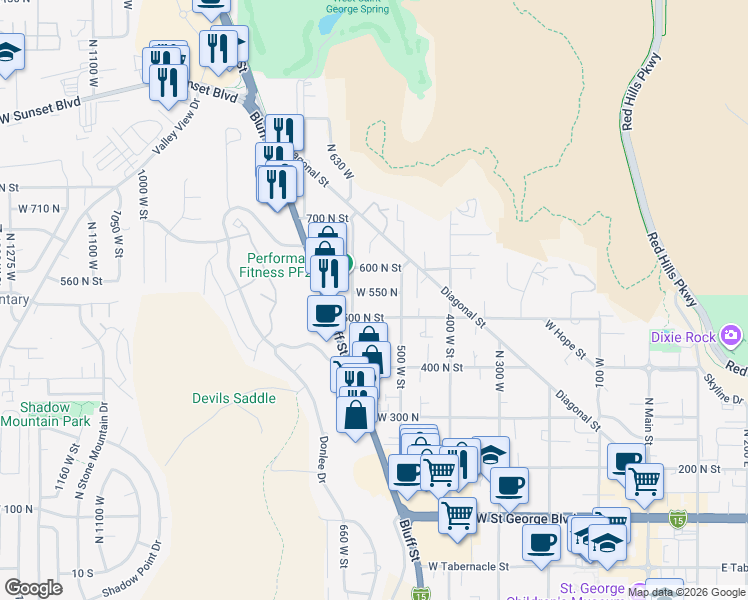 map of restaurants, bars, coffee shops, grocery stores, and more near 557 West 550 North in St. George