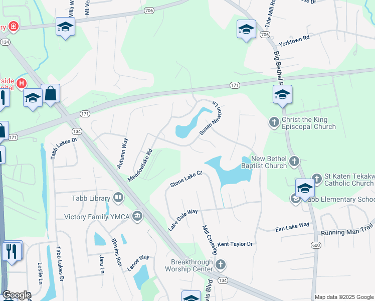 map of restaurants, bars, coffee shops, grocery stores, and more near 100 Kyle Circle in Yorktown