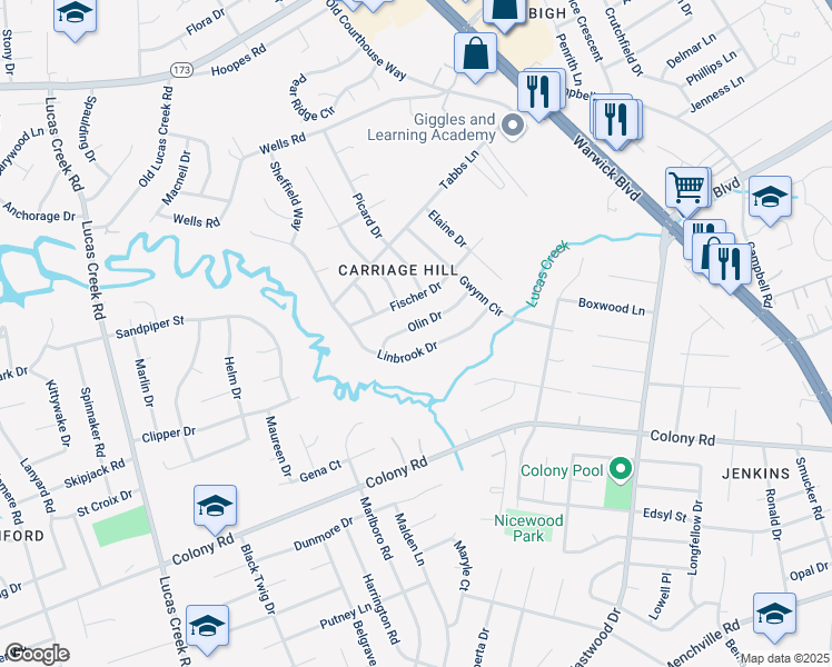 map of restaurants, bars, coffee shops, grocery stores, and more near 121 Olin Dr in Newport News