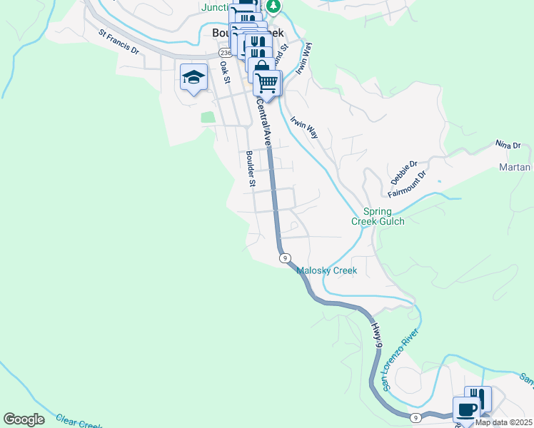 map of restaurants, bars, coffee shops, grocery stores, and more near 121 Grove Street in Boulder Creek