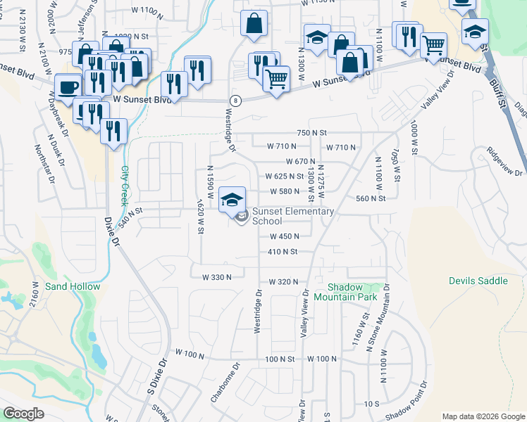 map of restaurants, bars, coffee shops, grocery stores, and more near 1435 West 540 North in St. George