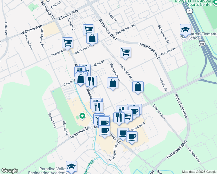 map of restaurants, bars, coffee shops, grocery stores, and more near 16260 Church Street in Morgan Hill