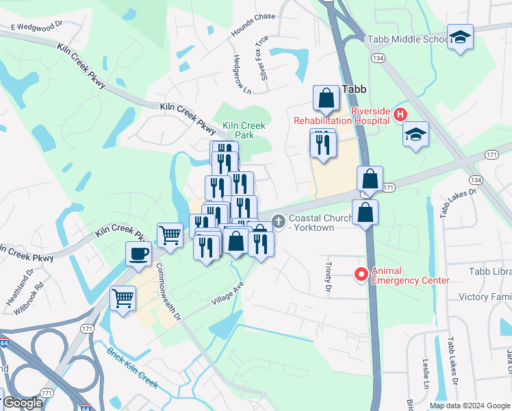 map of restaurants, bars, coffee shops, grocery stores, and more near 110 Swanson Court in Yorktown