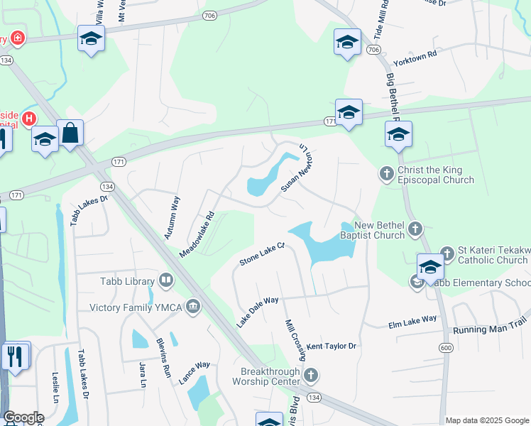 map of restaurants, bars, coffee shops, grocery stores, and more near 100 Kyle Circle in Yorktown