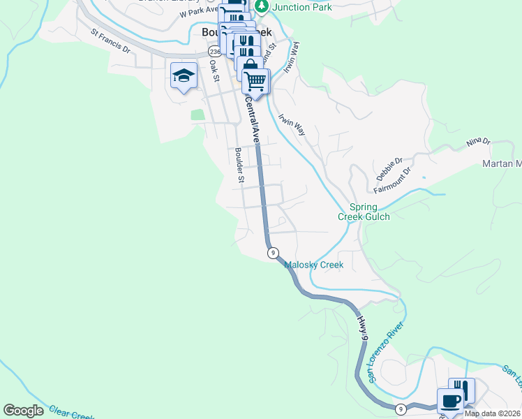 map of restaurants, bars, coffee shops, grocery stores, and more near 12615 California 9 in Boulder Creek