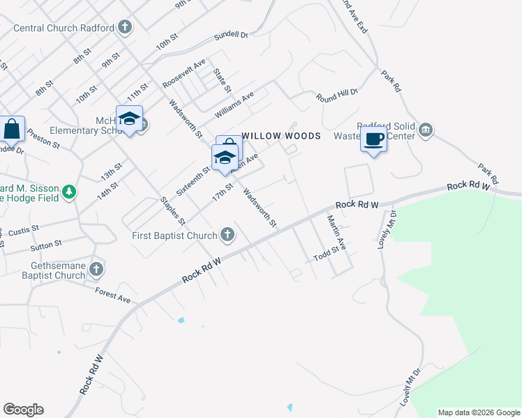 map of restaurants, bars, coffee shops, grocery stores, and more near 1755 Wadsworth Street in Radford