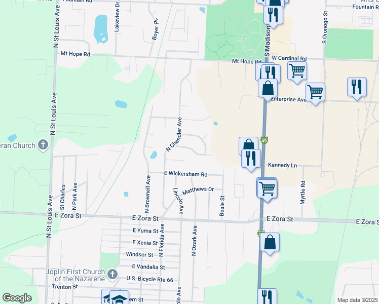map of restaurants, bars, coffee shops, grocery stores, and more near 2716 East Kennedy Street in Joplin