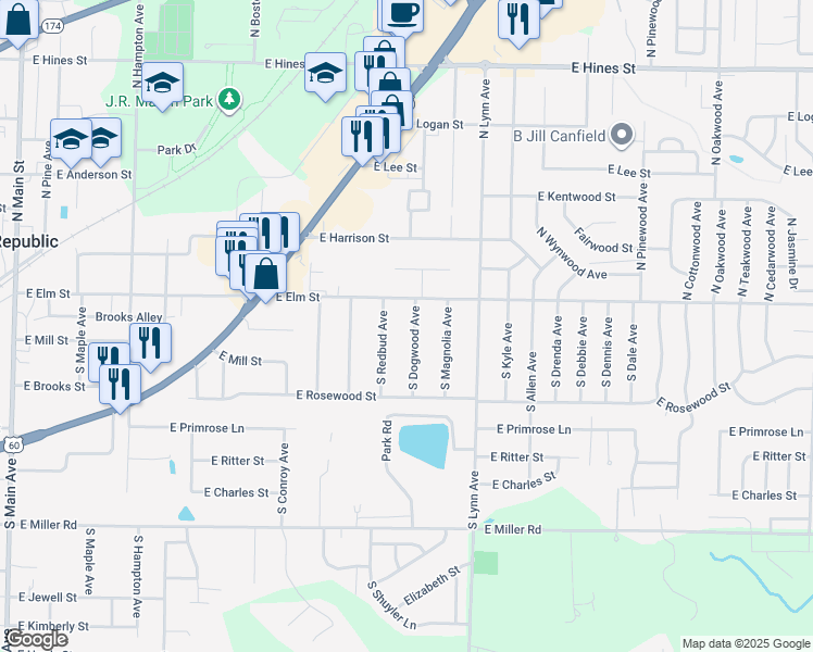 map of restaurants, bars, coffee shops, grocery stores, and more near 123 S Dogwood Ave in Republic