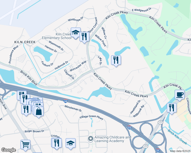 map of restaurants, bars, coffee shops, grocery stores, and more near 857 Lancaster Lane in Newport News