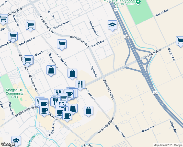 map of restaurants, bars, coffee shops, grocery stores, and more near 16055 Caputo Dr in Morgan Hill