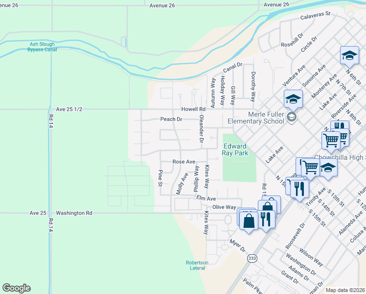 map of restaurants, bars, coffee shops, grocery stores, and more near 530 Parkridge Drive in Chowchilla