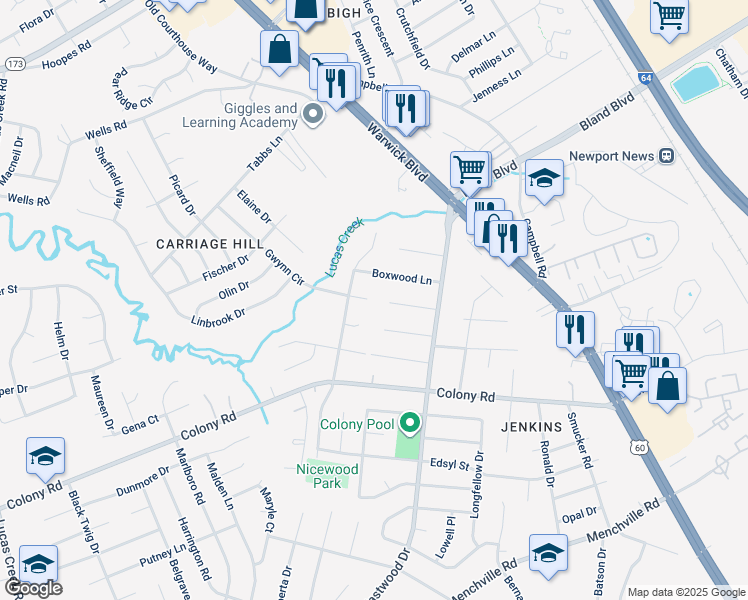 map of restaurants, bars, coffee shops, grocery stores, and more near 2 Gwynn Circle in Newport News